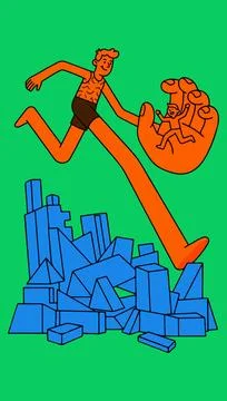 Giant Running Man with Tiny Figure in Hand Stock Illustration