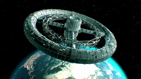 Giant sci-fi torus on Earth background Stock Footage 90557954