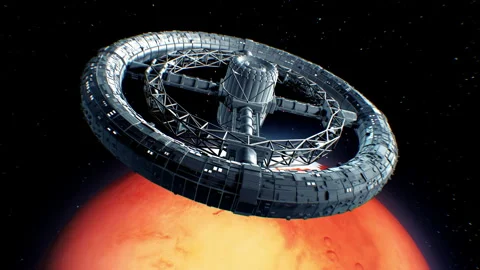 Giant sci-fi torus on Mars background Stock Footage 90530431