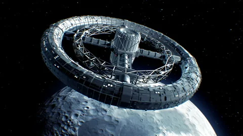 Giant sci-fi torus on Moon background Stock Footage 90558060
