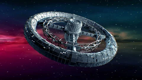 Giant sci-fi torus on Nebula background Stock Footage 90454656