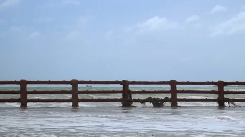 Giant Sea Waves Fall on Waterfront Stock Footage 83169272
