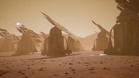 Giant solar panels on the surface of Mars during a dust storm. Panoramic Stock Illustration