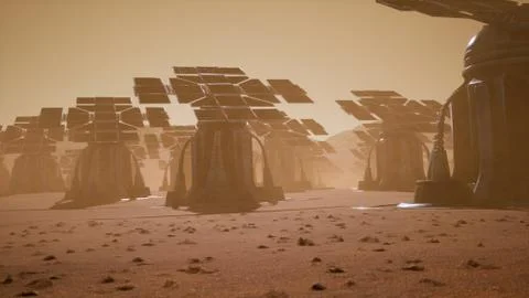Giant solar panels on the surface of Mars during a dust storm. Panoramic Stock Illustration