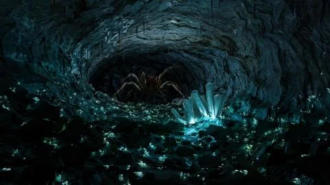 A giant spider inside a deep dark cave, full of glowing mushroom and crystal. Illustrazione stock
