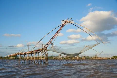 Giant square dipnets for trapping fish on blue sky background Stock Photos