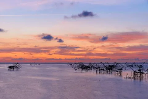 Giant square dipnets for trapping fish and beautiful sky Stock Photos