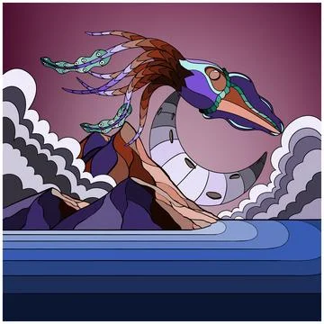 Giant squid flying in the sky Stock Illustration