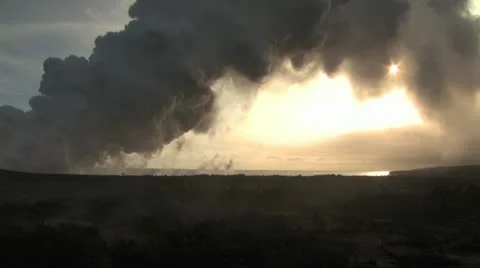 Giant Steam Cloud Obscures The Sun Volcanic Landscape In The Foreground Video stock 19286793