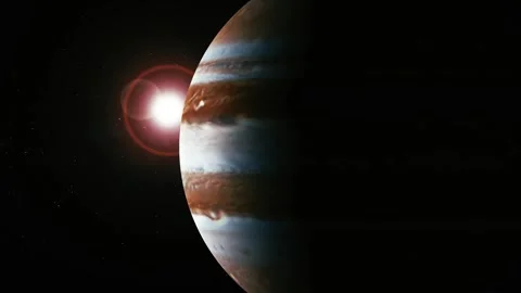 Giant striped planet in space with bright sun flare behind it and dark star.. Stock Footage 340389088