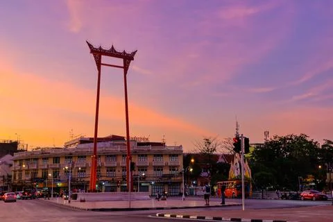 Giant Swing square and intersection, Bangkok, Thailand, at sunset Stock Photos