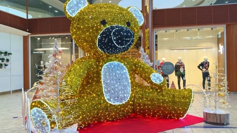 Giant Teddy Bear displayed inside a shopping mall, Paris Stock Footage 340600540
