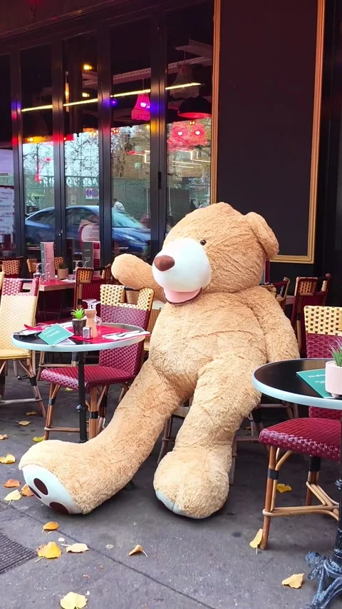 Giant teddy bear sitting at a cafe terrace, Paris, France. Vertical Stock Footage 327606207