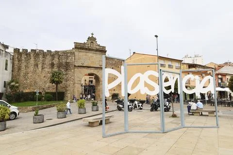 Giant three-dimensional letters forming the word Plasencia next to The Puer.. Stock Photos