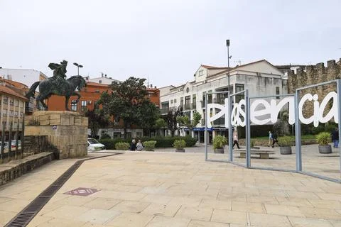 Giant three-dimensional letters forming the word Plasencia next to The Puer.. Stock Photos