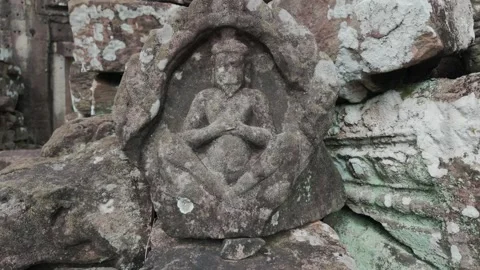 Giant tree roots engulf ancient temple ruins in Siem Reap, Cambodia, Ta Prohm Stock Footage 335795026