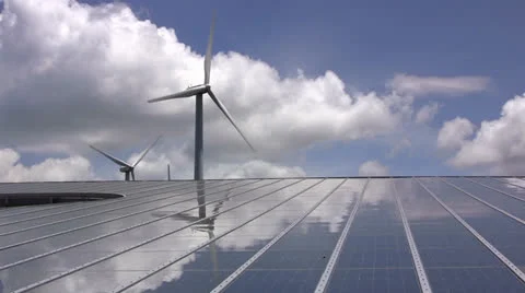 Giant wind turbines and solar panels Stock Footage 24695039