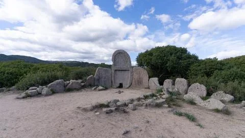 Giant's tomb of S'Ena e Thomes, sardinia, showing megalithic gallery grave Stock Photos