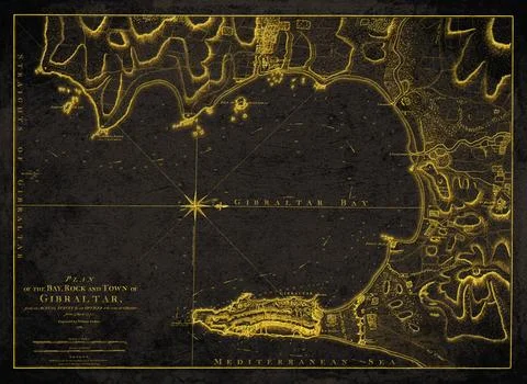 Gibraltar, Antique Map of Bay Rock and Town with Fortifications Black And G.. Ilustração Stock