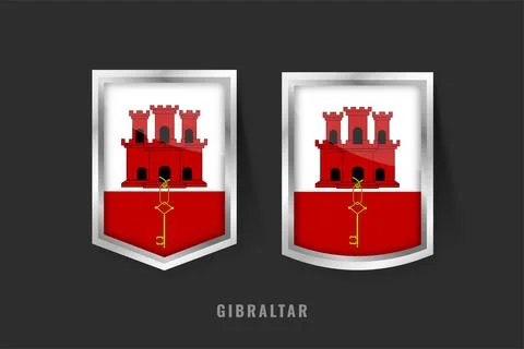 Gibraltar Flag Badges. 3D Glossy Shields with Red Castle and Golden Key Sym.. Stock Illustration