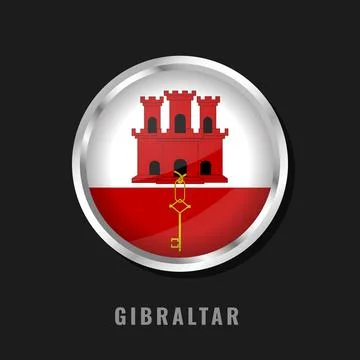 Gibraltar Flag Circular Glossy Icon with Silver Frame - Castle and Key Symbol Stock Illustration