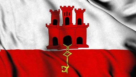 Gibraltar flag with red castle and gold key Stock Footage 314569477