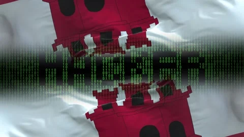 Gibraltar flag - Waving flag on matrix binary code background Stock Footage 321420018