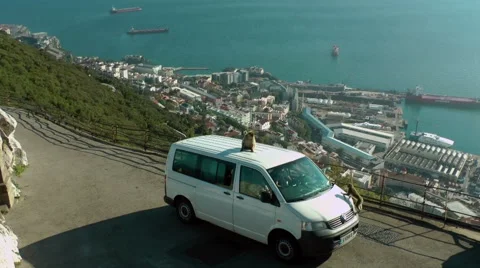 GIBRALTAR - Macaque monkeys in Apes' Dan jumping on the car  Stock Footage 64488603