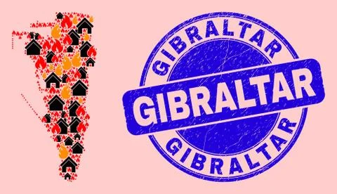 Gibraltar Map Composition of Fire and Buildings and Textured Gibraltar Stamp Ilustración de archivo