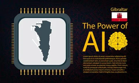 Gibraltar map with microchip war and AI concept on circuit board, Power of .. Ilustração Stock