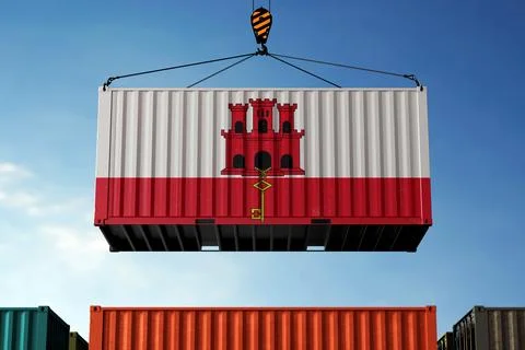 Gibraltar trade cargo container hanging against clouds background Stock Illustration