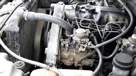 Gical old diesel engine throttle on the engine. Stock Footage 88814366