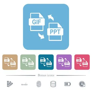 GIF PPT file conversion flat icons on color rounded square backgrounds Stock Illustration