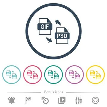 GIF PSD file conversion flat color icons in round outlines 스톡 일러스트