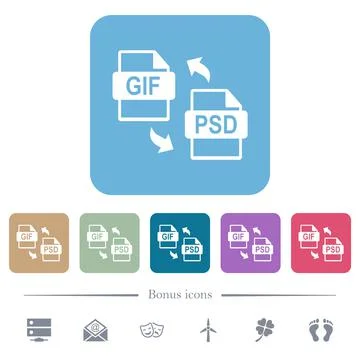 GIF PSD file conversion flat icons on color rounded square backgrounds Stock Illustration