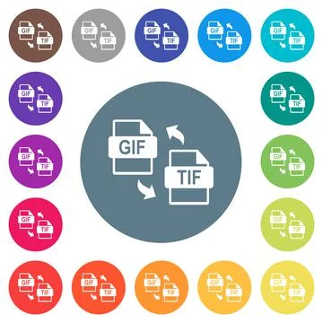 Gif tif file conversion flat white icons on round color backgrounds 스톡 일러스트