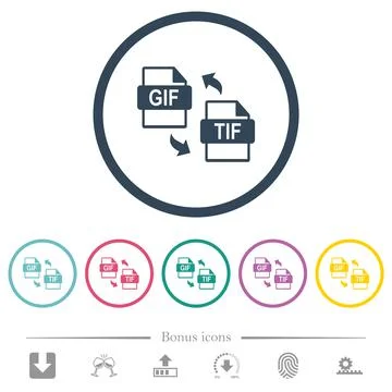 Gif tif file conversion flat color icons in round outlines Stock Illustration