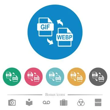 GIF WEBP file conversion flat round icons Stock Illustration