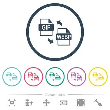 GIF WEBP file conversion flat color icons in round outlines Stock Illustration