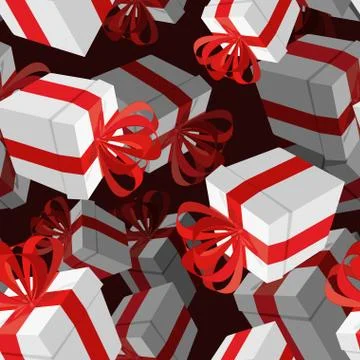 Gift 3D background. Festive white box and red bow. Seamless pattern for any h Stock Illustration