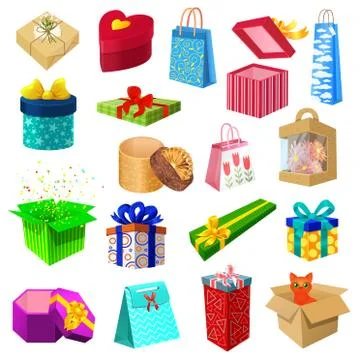 Gift and present boxes with bows and ribbons isolated on white set of vector Stockillustratie