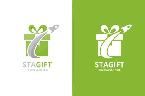 Gift and rocket logo combination. Unique surprise and flight logotype design Stock Illustration