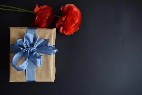 A gift and two red roses on a black background Stock Photos