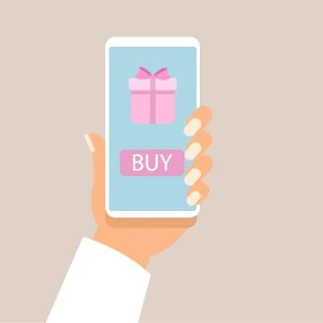 Gift app page on smartphone screen, with man hands holding the phone. vector Stock Illustration