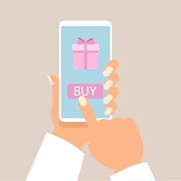 Gift app page on smartphone screen, with man hands holding the phone. vector Illustrazione stock