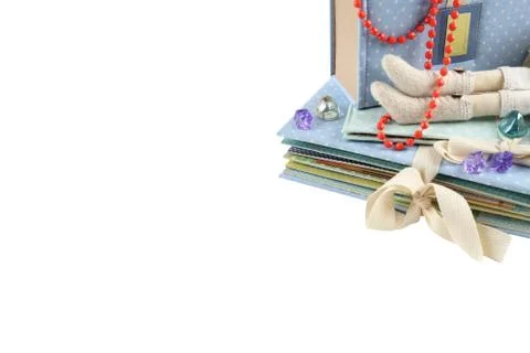 Gift background isolated with copyspace. Handmade gift boxes, album, book, doll Stock Photos