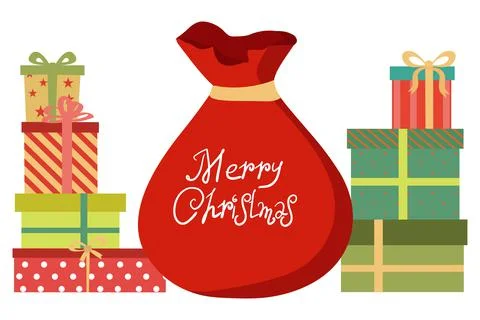 Gift bag and gift boxes. Christmas gifts in Santa's bag. Decoration for greeting Stock Illustration