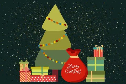 Gift bag and gift boxes at the Christmas tree . Christmas gifts in Santa's bag Stock Illustration