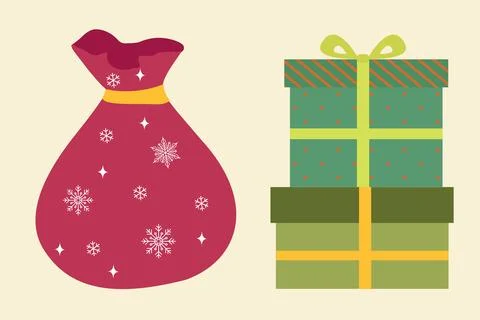 Gift bag and gift boxes. Christmas gifts in Santa's bag. Decoration for greet Stock Illustration