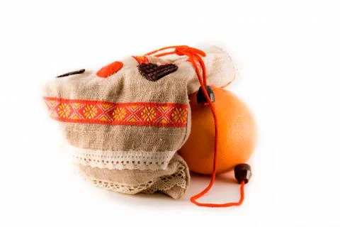 Gift bag and orange. New Year. Stock Photos